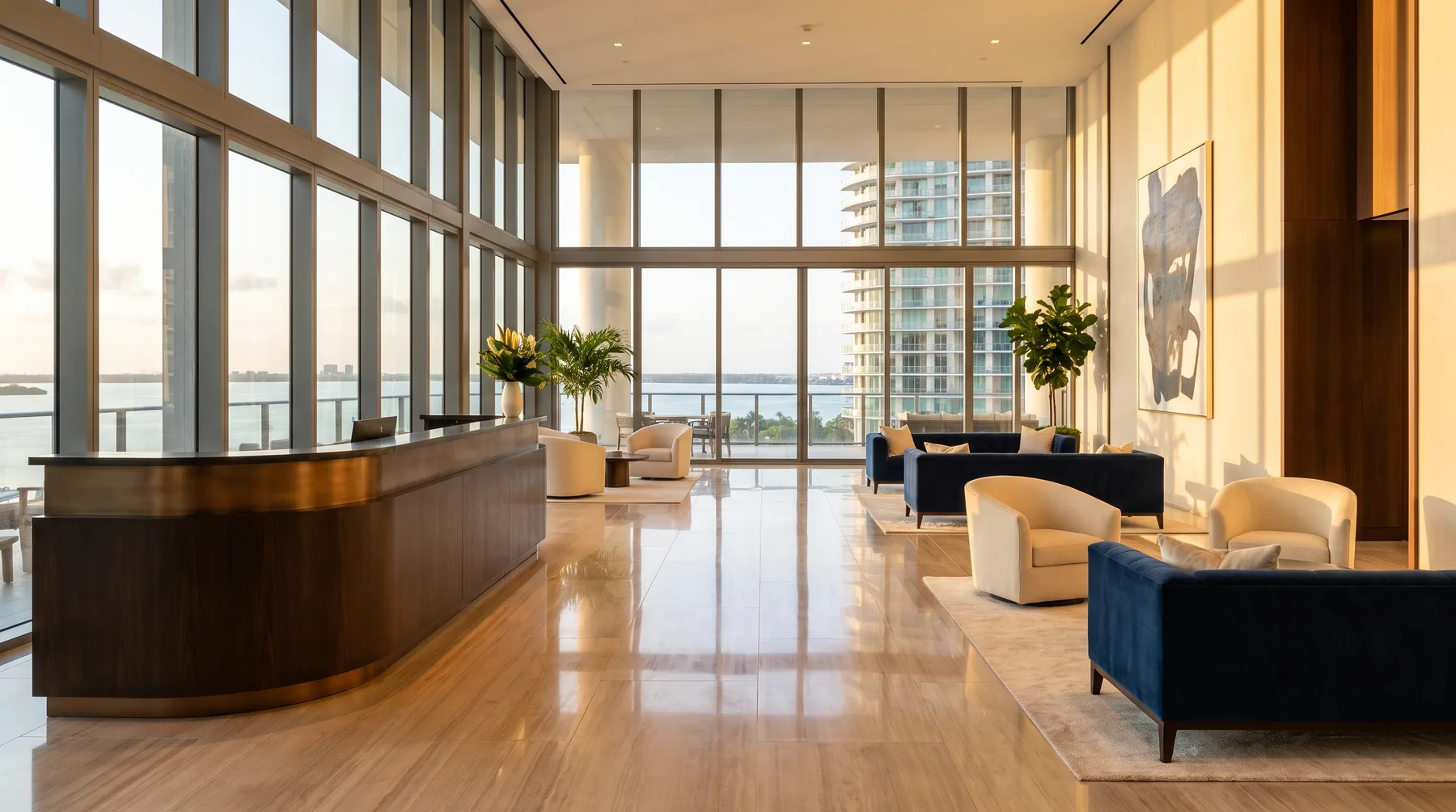 Upscale Brickell residential tower lobby overlooking the bay