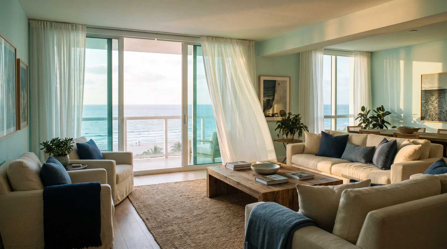 Airy oceanfront Miami Beach condominium interior