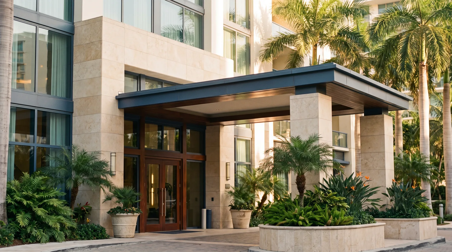 The entrance of a Brickell condominium building at golden hour