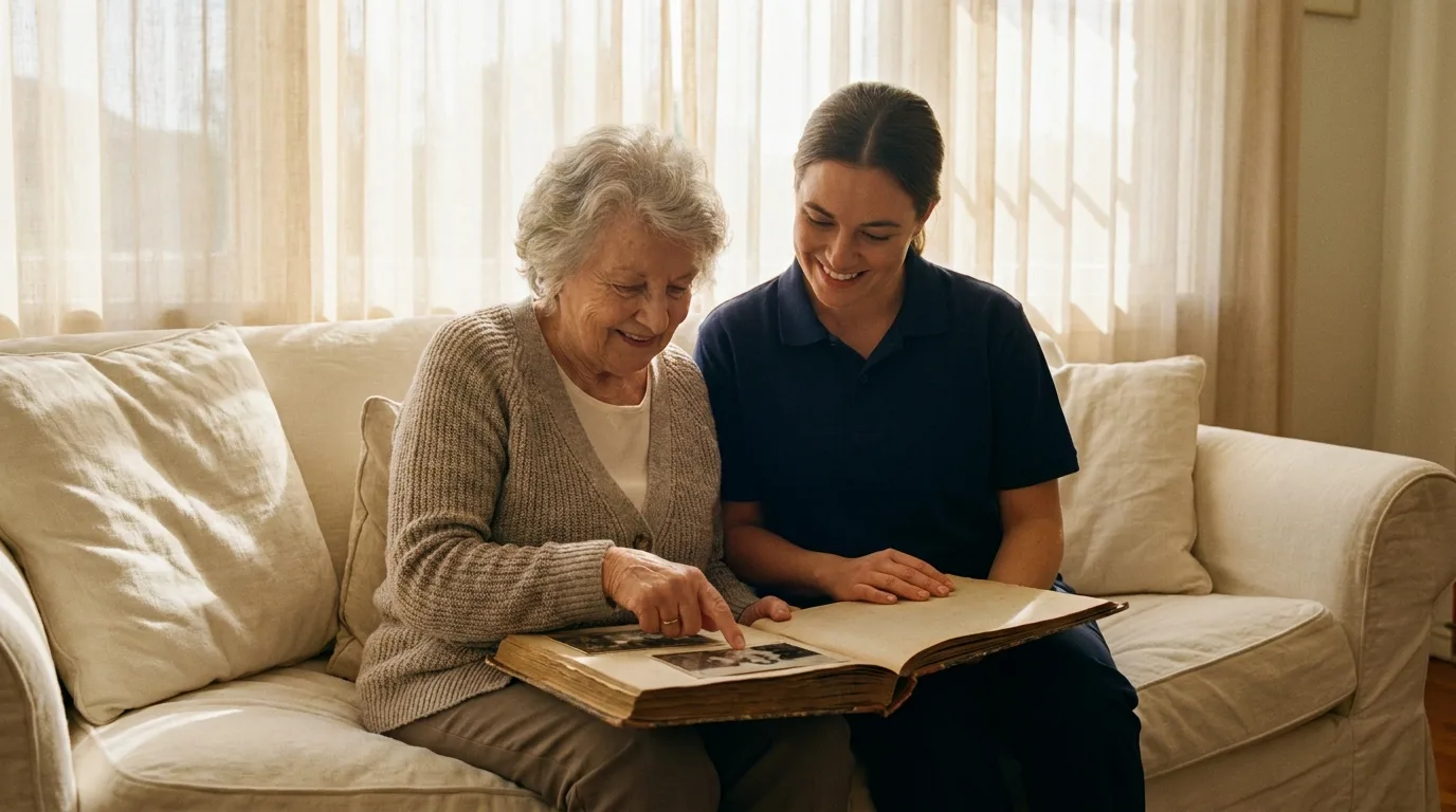 A caregiver and an older woman looking through a photo album together on a sofa.