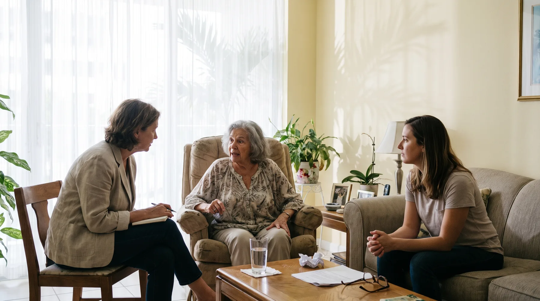 Documentary-style photograph inside a modest Miami condo living room, warm afternoon light through sheer curtains, a wom
