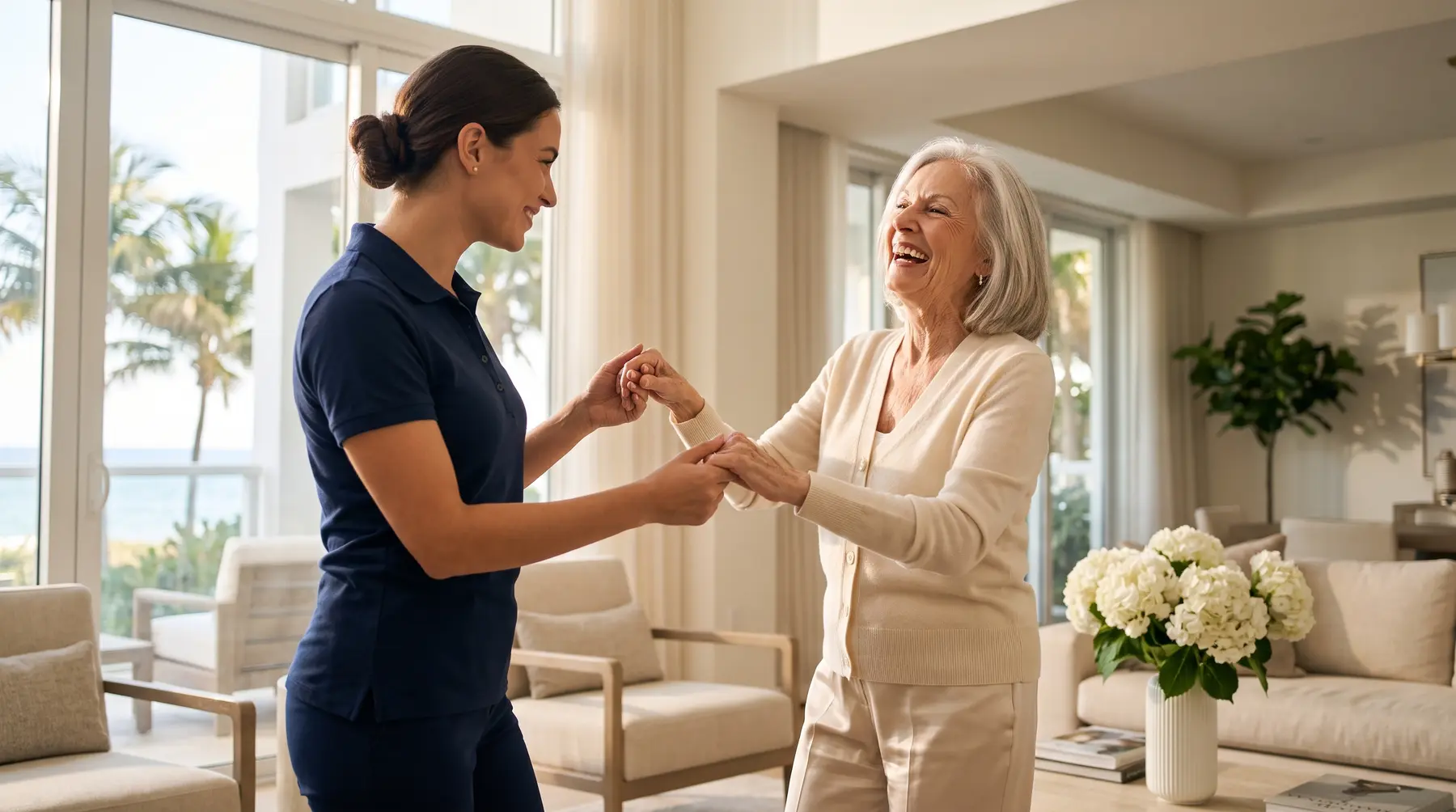 An allaround RN Care Manager and client sharing tea in a sunlit Miami living room