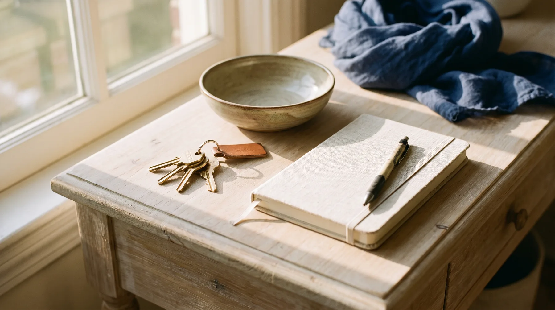 House keys and a notebook on a sunlit hall table