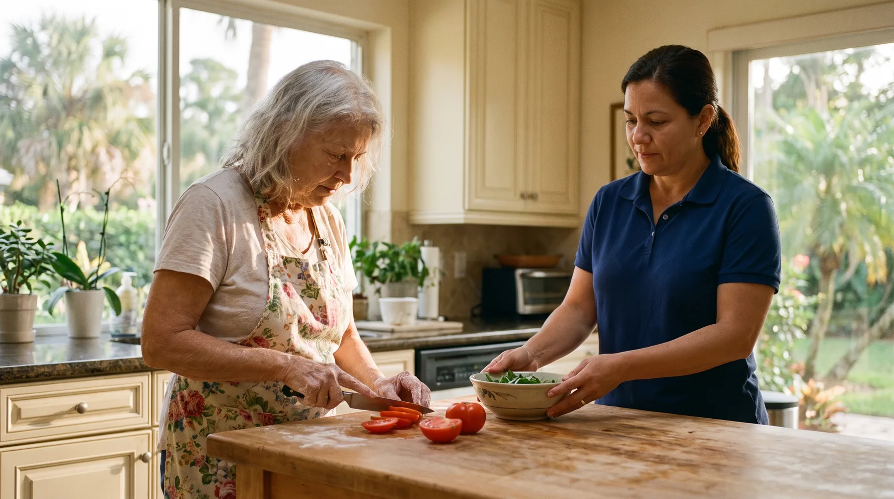 A Care Professional helping a client prepare lunch in her Miami kitchen