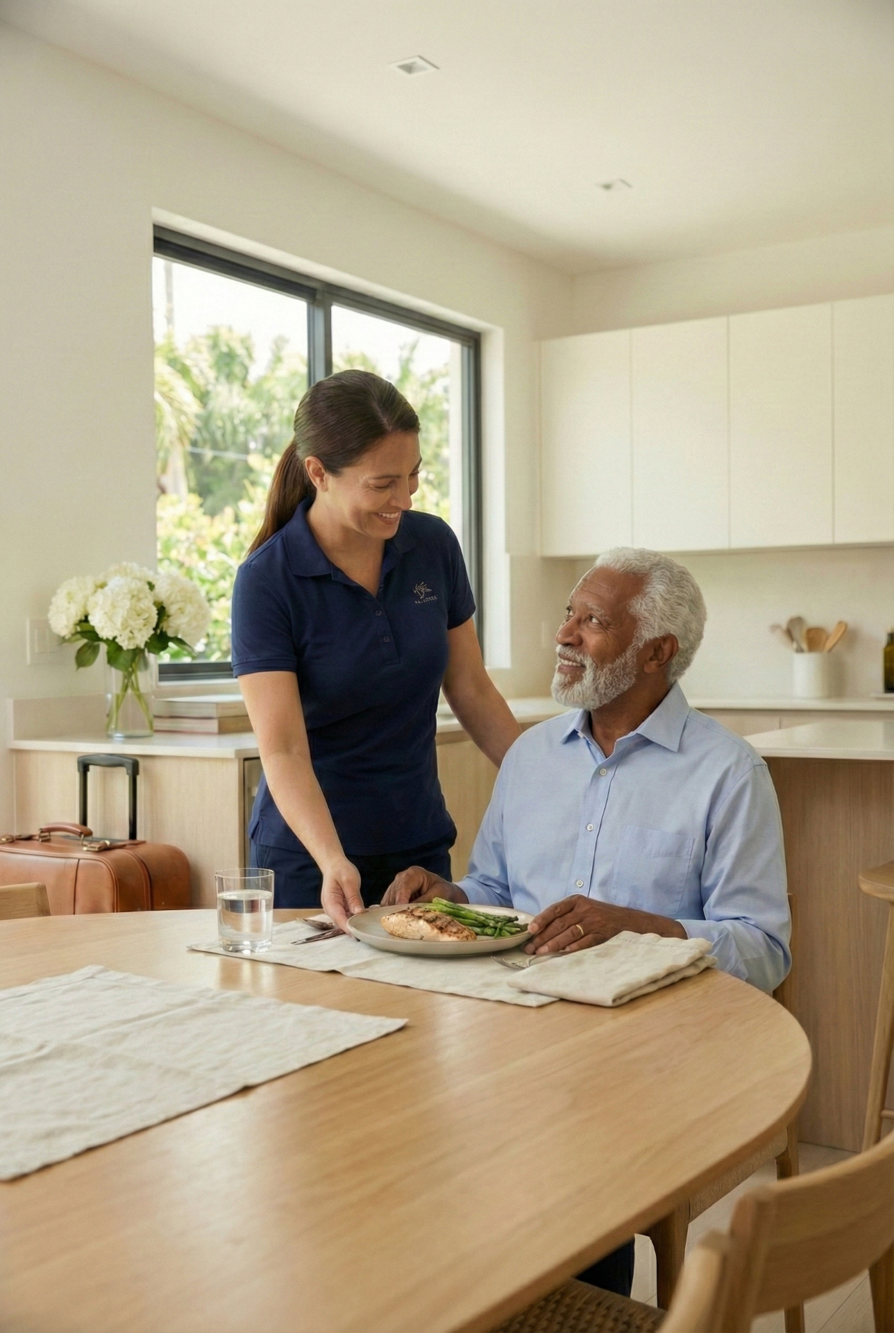allaround Care Professional providing companionship and support to an elderly client in Miami, Florida.